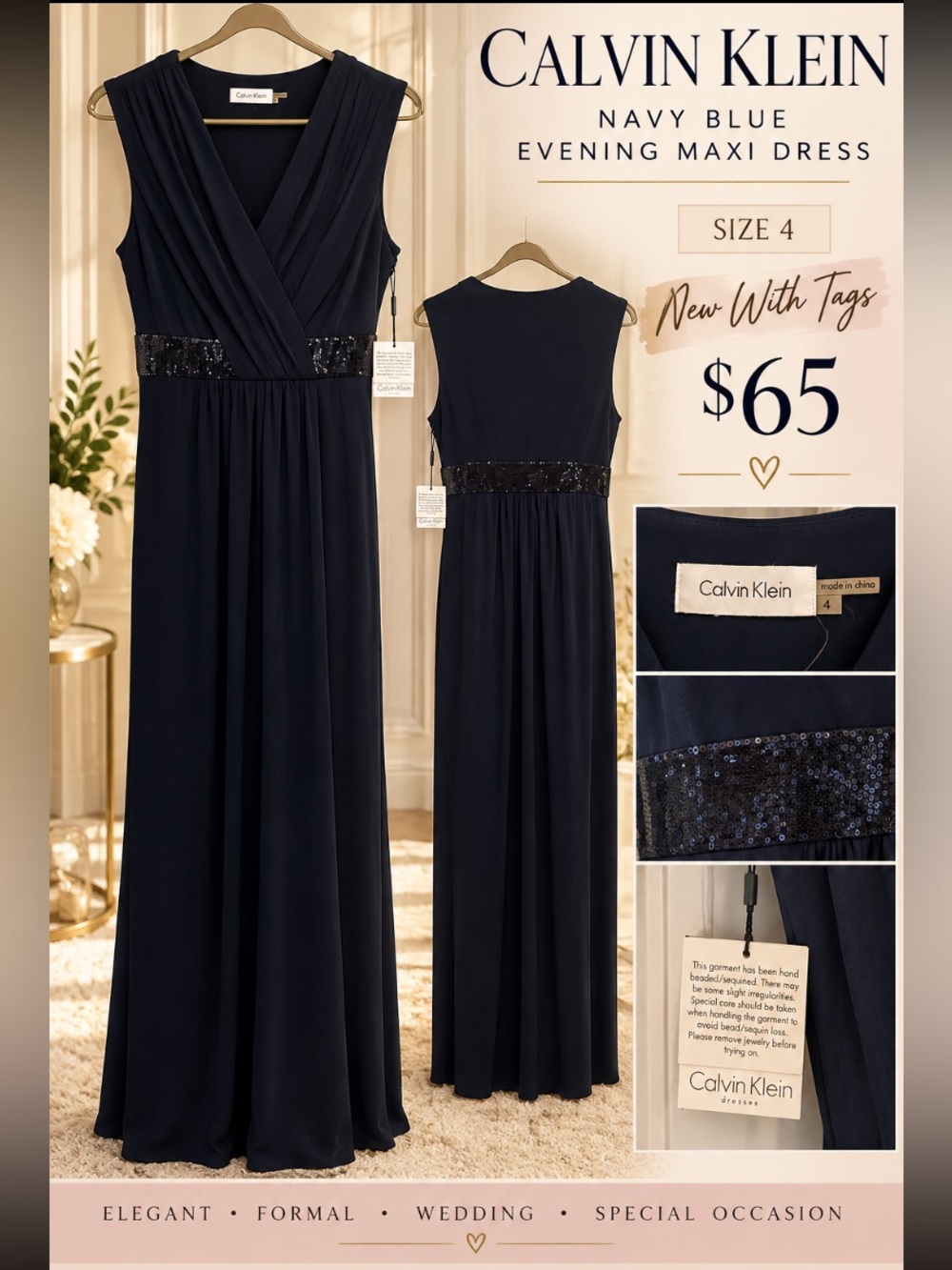 Calvin Klein Navy Blue Sequin-Waist Evening Maxi Dress